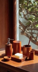 Wooden bathroom accessories set on a wooden windowsill, bathed in sunlight, overlooking a leafy outdoor scene