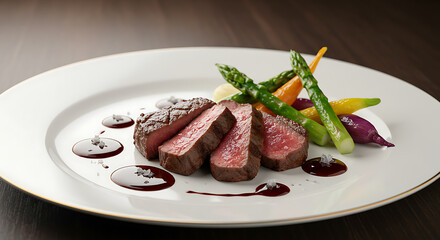 Exquisitely plated medium-rare beef tenderloin with vibrant vegetables and a rich sauce