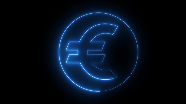 Neon euro icon animation. Glowing neon euro money icon, looped animation. euro currency sign, bank, Business and finance conceptual neon light euro. neon blue euro currency on black background.