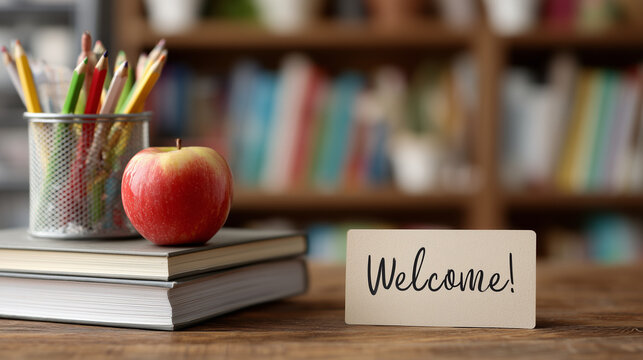 Teacher's desk with books, apple, and welcome note