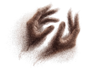 Two clasped hands, a light beige or taupe color, are nestled within a cloud of glittering, white particles
