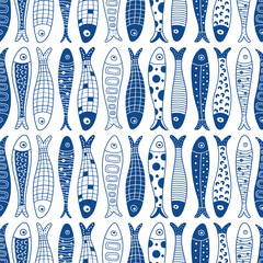 Cute  sardine. Kids background. Sardines, salmon, tuna, tilapia. Seamless pattern. Kids illustration.