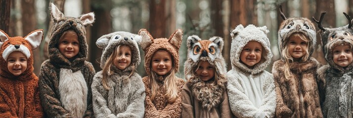 Enchanting woodland scene with children dressed in adorable animal-themed fuzzy costumes, creating a whimsical and magical forest portrait of childhood imagination and playfulness