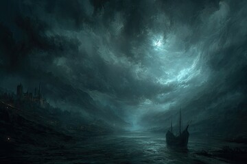 Dark, stormy night over a shadowed harbor.  Vast, ominous clouds shroud a moonlit scene.  A lone ship rests in the harbor