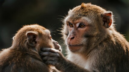 Obraz premium A tender and intimate close-up of two monkeys interacting, with one gently touching the other's face in a natural and emotional moment.