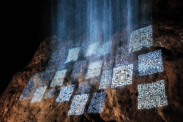 QR codes projected onto a rock face, illuminated by a waterfall effect