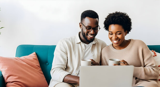 Happy African American couple using laptop together on comfy couch enjoying coffee break relaxing at home modern lifestyle technology - Powered by Adobe