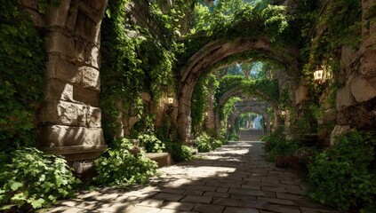 Obraz premium Sun-drenched overgrown archway. Lush greenery climbs ancient stone ruins