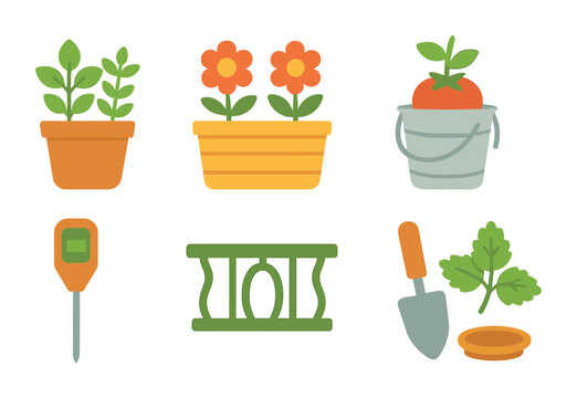 Container Gardening Icons. Flat vector mini-illustrations Container gardening tips in colors children's