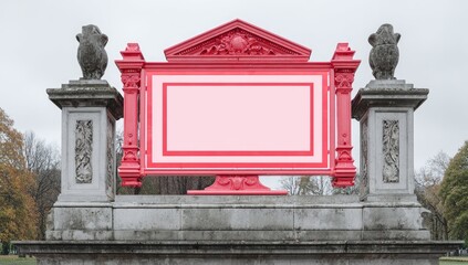 Ornate, pinkish-red sign on a stone plinth, flanked by sculpted stone supports