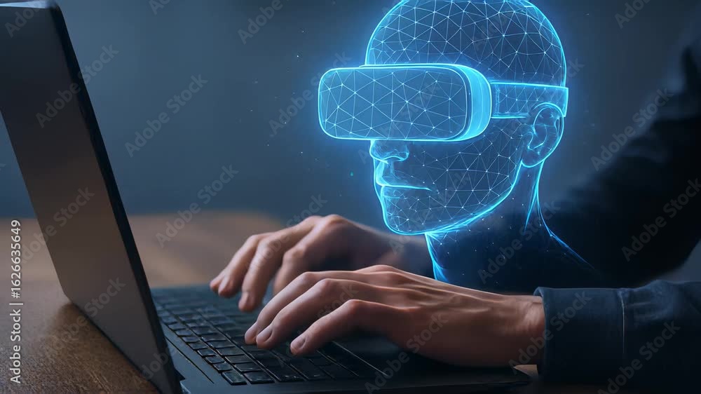 Poster engaging closeup of a person typing on a laptop with virtual reality graphics displayed vividly on s