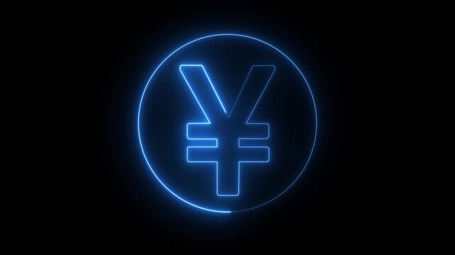 Neon yen icon animation. Glowing neon yen money icon, looped animation. Yen currency sign, bank, Business and finance conceptual neon light Yen 4k video. neon blue yen currency on black background.