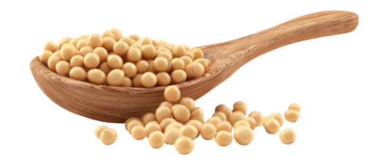 Wooden spoon filled with soybeans spilling out