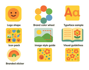 Fototapeta premium Children's Design Elements. Flat vector mini-illustrations brand elements for posting in colors children's