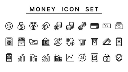 Money and Finance Line Icons. Dollar, Bank, and Finance Line Icon Set for UI Design, Infographics, Business Presentations, Mobile Apps, and Web Design