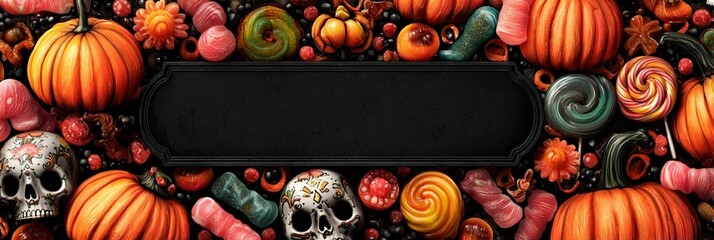 Vibrant Halloween composition featuring pumpkins, sugar skulls, and swirling candies in rich autumn colors, creating a festive and spooky seasonal background with dark central space