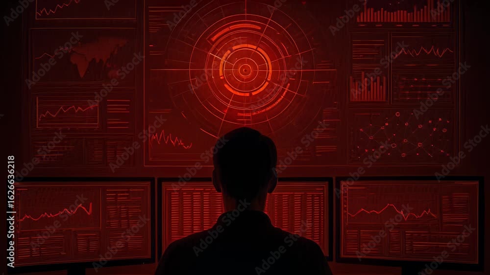 Poster person analyzing data on multiple screens in a red-lit environment focused on technology
