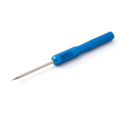 A vibrant blue Phillips screwdriver with a metallic sheen laid flat on a pristine white background,