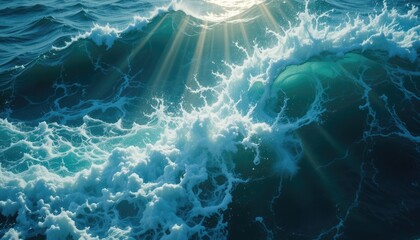 Sunlit Ocean Waves with Radiant Light Beams water nature
