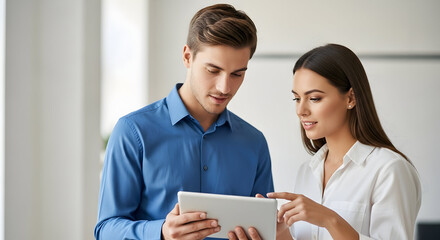 Young business professionals collaborating on a digital tablet in modern office teamwork partnership success technology innovation growth strategy meeting presentation