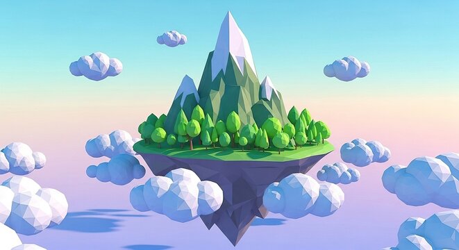 Low Poly Floating Island with Mountain and Clouds, 3D Render