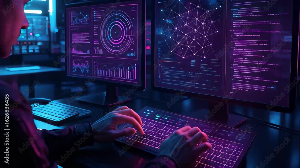 Poster closeup of a person working intently at a sleek workstation surrounded by advanced technology in a d