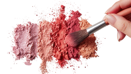 Hand holding makeup brush over a splatter of blush