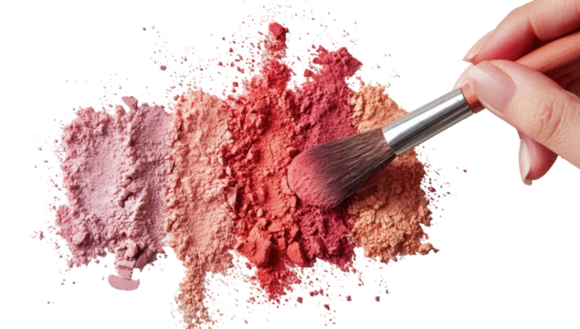 Hand holding makeup brush over a splatter of blush