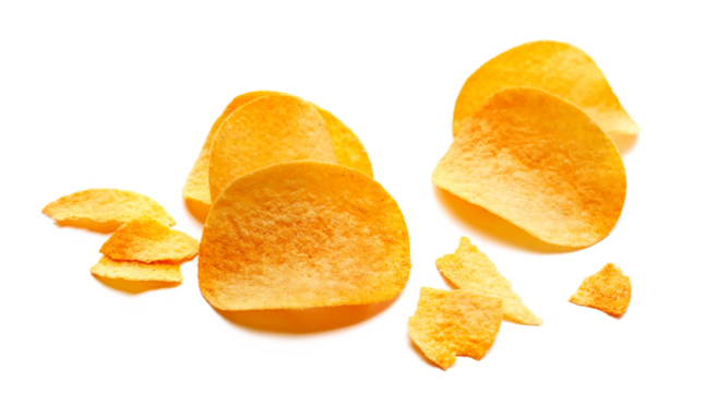 Potato chips pieces with red paprika isolated on white, side view