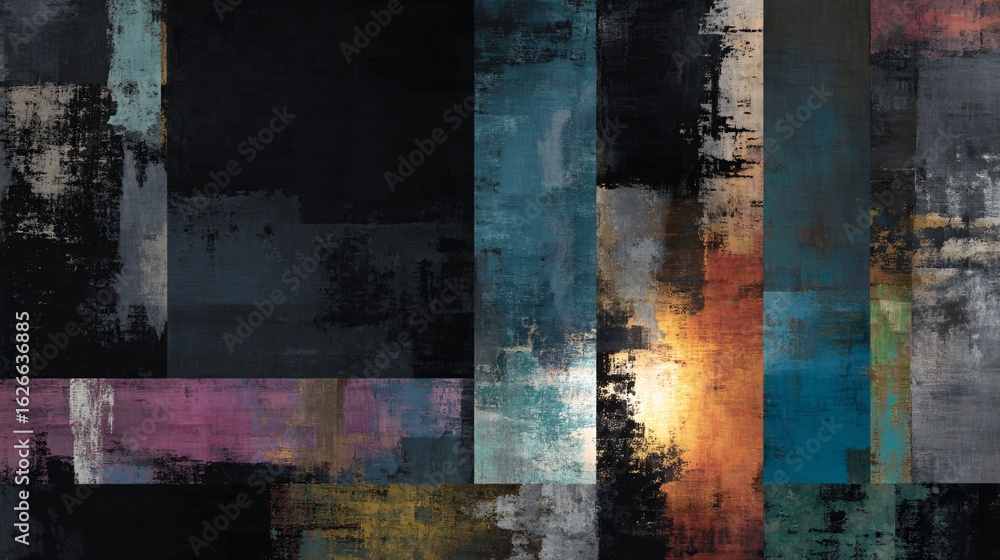 Poster abstract painting with vertical and horizontal sections of color.