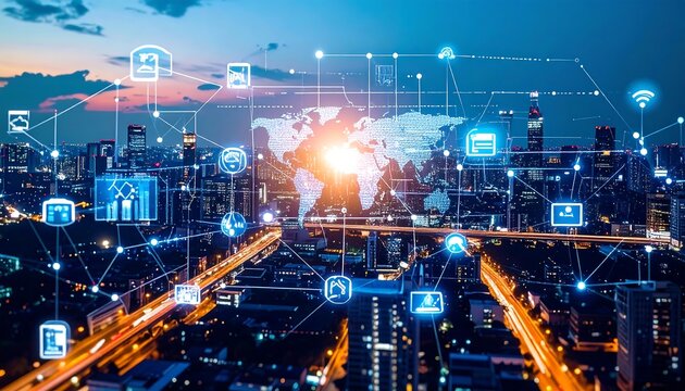 Futuristic Cityscape with Digital Network Overlay and Global Connectivity Concept.