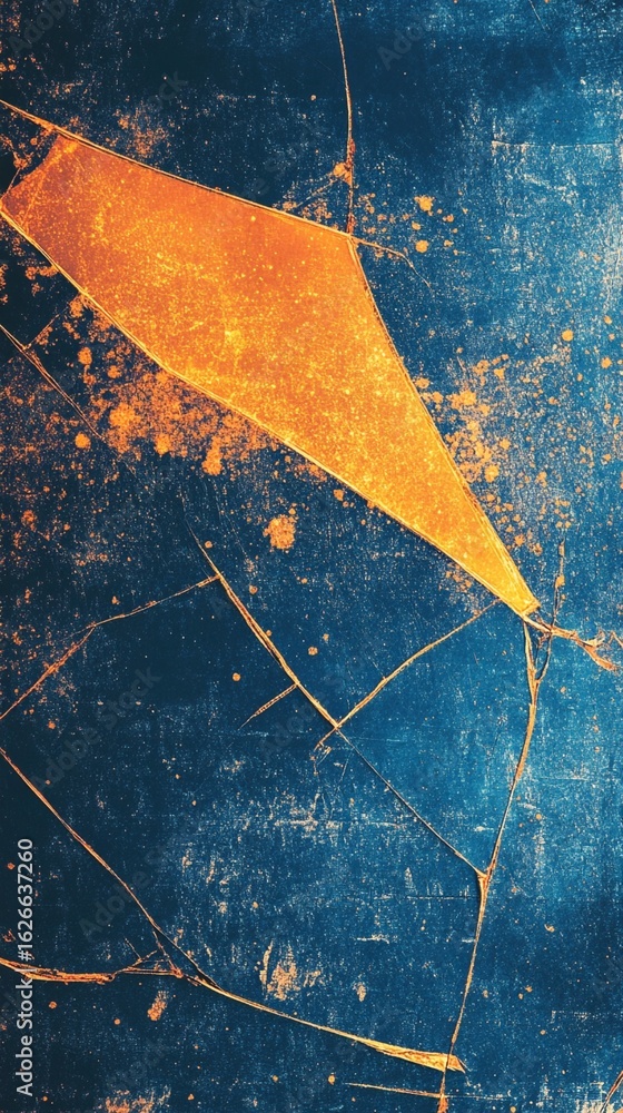 Poster abstract geometric golden orange shape emerging from textured blue background with dynamic fractal-l