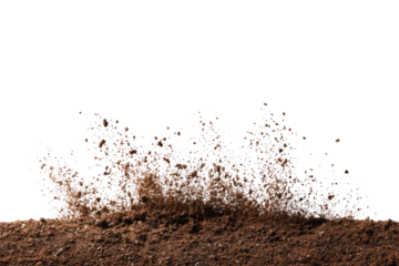 A close-up view of a dirt splash.  A mound of brown earth with a vibrant, splashy eruption of particles