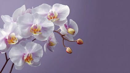 Obraz premium Close-up of delicate pale pink and white orchids against a soft lavender background