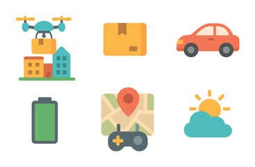 Urban Drone Delivery Icon. Flat vector mini-illustrations urban drone deliveries in colors children's