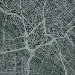 Map of Dallas Center in Texas in a smooth dark style. Contains layered vector with roads water, parks, etc.