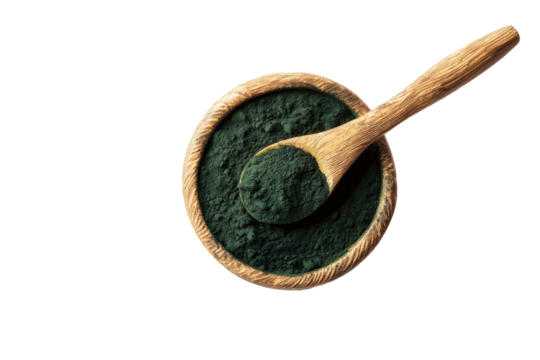 Dark green powder in wooden bowl, wooden spoon