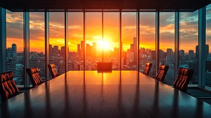 Modern Office Conference Room with City Skyline at Sunset: Business Meeting Space