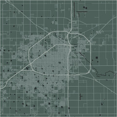 Map of Lubbock in Texas in a smooth dark style. Contains layered vector with roads water, parks, etc.