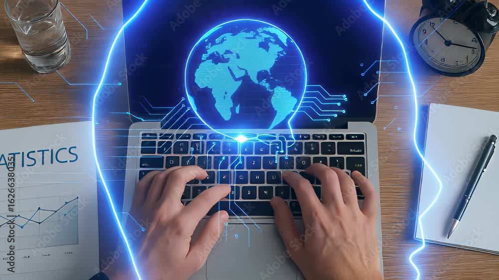 Poster closeup of hands typing on a laptop keyboard with an overlay of a digital globe in a modern workspac