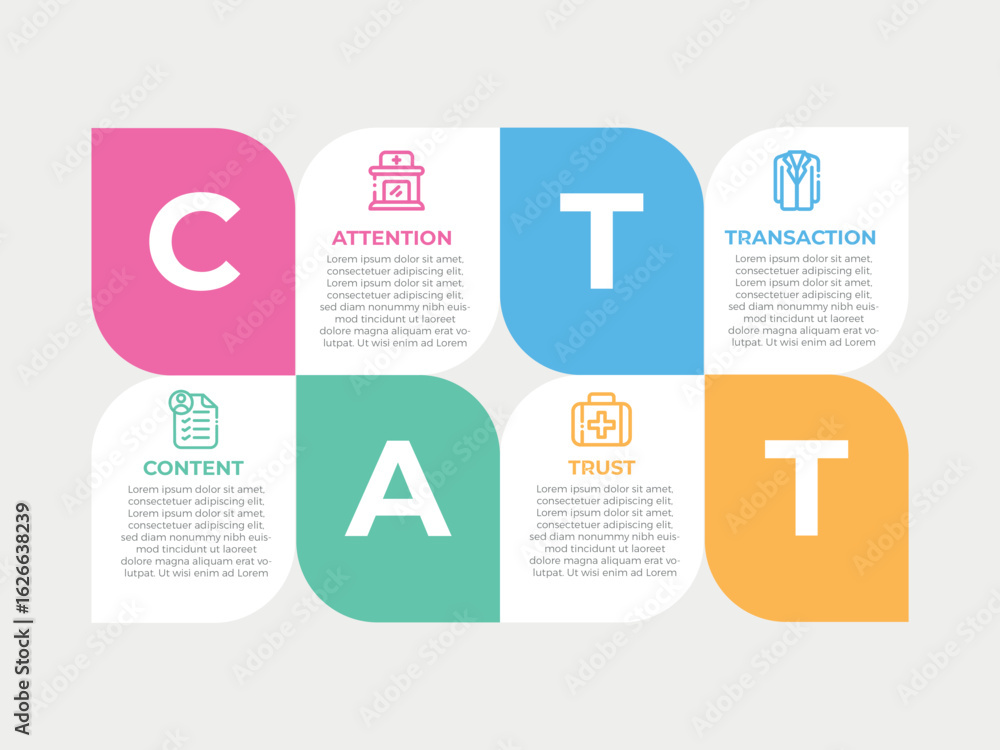 Poster concept of arrow business model with 4 successive steps. six colorful graphic elements. timeline des