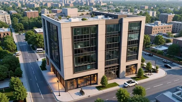 Modern office building cityscape with cars and pedestrians on a sunny day, urban development.