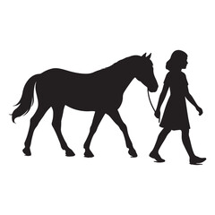 Girl Walking with Horse Silhouette &ndash; Farm Animal and Human Bond Vector

