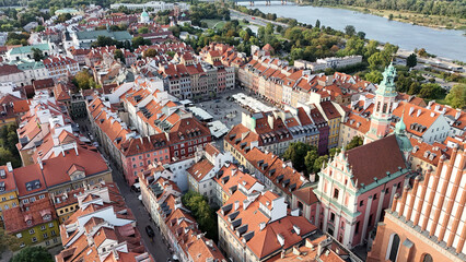Aerial view of Warsaw Old Town Market Square and Vistula river, Poland
