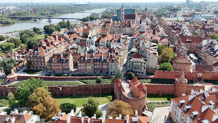 Aerial view of Warsaw Old Town and Barbican, Poland