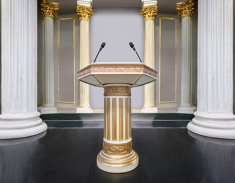 ornate podium with decorative gold accents white fluted columns and dual microphones isolated on transparency background suitable for formal speeches or ceremonial events