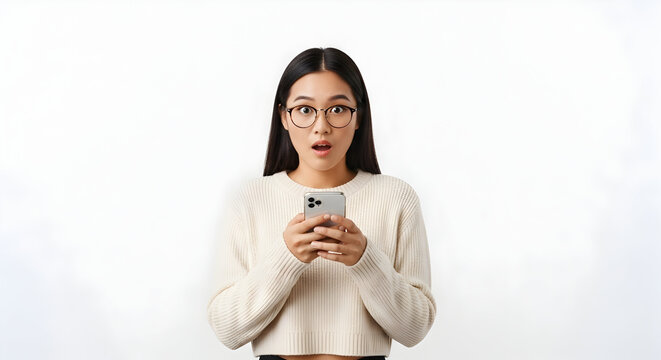 Surprised young Asian woman looking at her smartphone unbelievable news shocking reaction