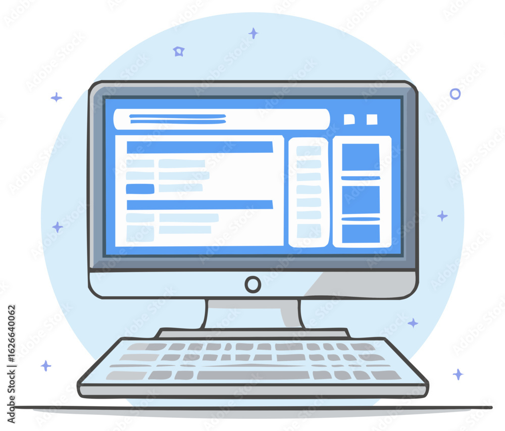 Poster modern all in one computer illustration with a web page layout. blue cartoon desktop with keyboard f