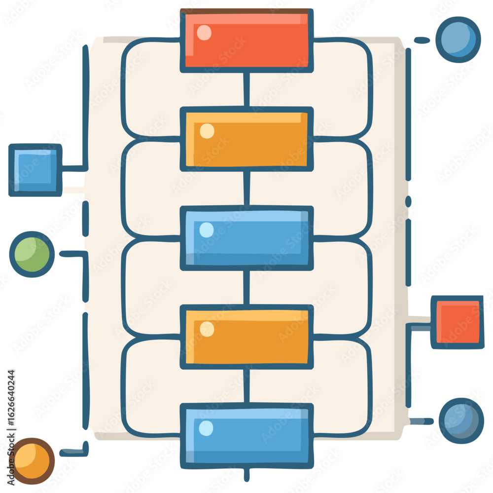 Poster doodle style flowchart diagram with colorful boxes and connecting lines illustrating process