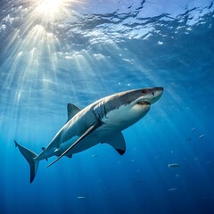 Fototapeta premium Great white shark swimming underwater in the ocean with sun rays shining down